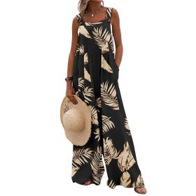 Printed Sleeveless Loose Sling Jumpsuit Wide Leg Pants (Color: Black, size: L)