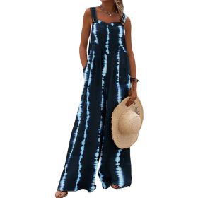 Printed Sleeveless Loose Sling Jumpsuit Wide Leg Pants (Color: Navy, size: XL)