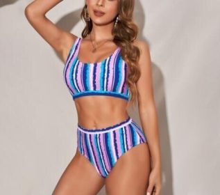Striped Bikini Swimsuit Set (Color: Blue, size: S)