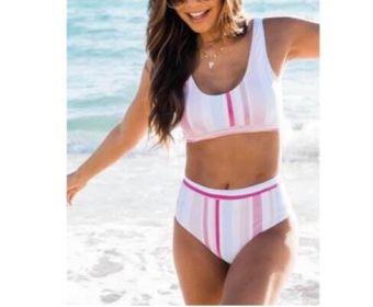 Striped Bikini Swimsuit Set (Color: White, size: L)