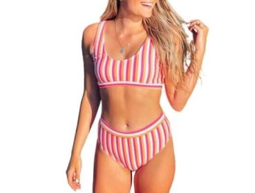 Striped Bikini Swimsuit Set (Color: Pink, size: S)