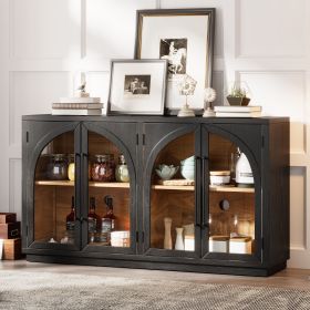 4-Door Large Storage Retro Sideboard with Metal Handles and Adjustable Shelves for Kitchen,Dining Room and Living Room (Material: Solid Wood+MDF, Color: Black)