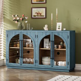 4-Door Large Storage Retro Sideboard with Metal Handles and Adjustable Shelves for Kitchen,Dining Room and Living Room (Material: Solid Wood+MDF, Color: Navy)