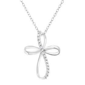 .925 Sterling Silver Diamond Accent Cross Ribbon 18" Pendant Necklace (I-J Color, I2-I3 Clarity) (Metal Color: White)