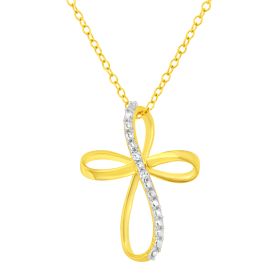 .925 Sterling Silver Diamond Accent Cross Ribbon 18" Pendant Necklace (I-J Color, I2-I3 Clarity) (Metal Color: Yellow)