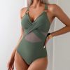 2025 New Style European and American One-piece Swimsuit for Women; Pure Color Mesh Bikini Swimwear.